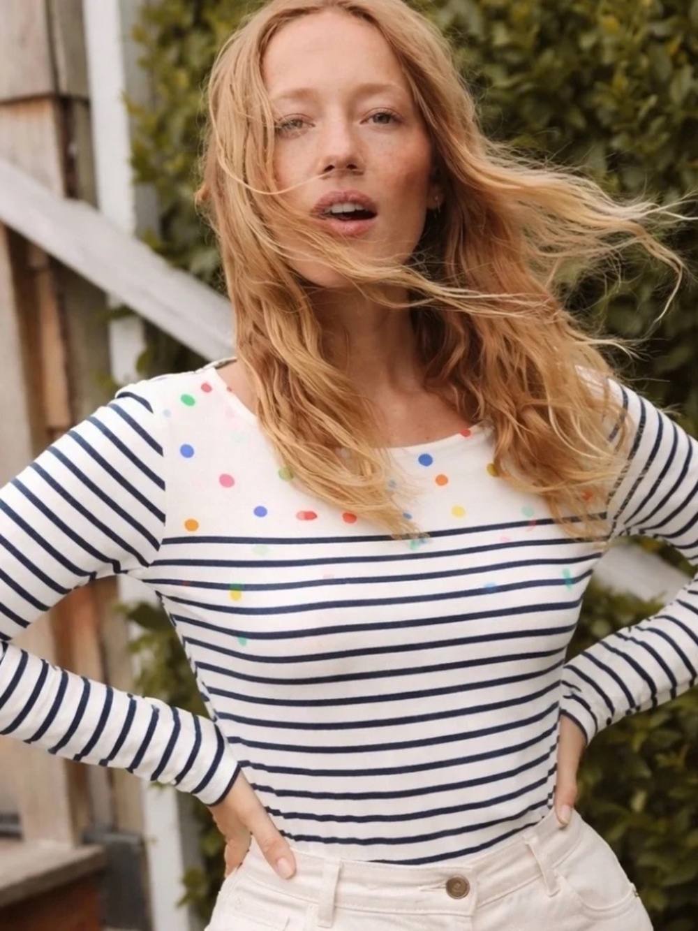 Boden Breton Stripe Polk Dot Cotton Long Sleeve Tee